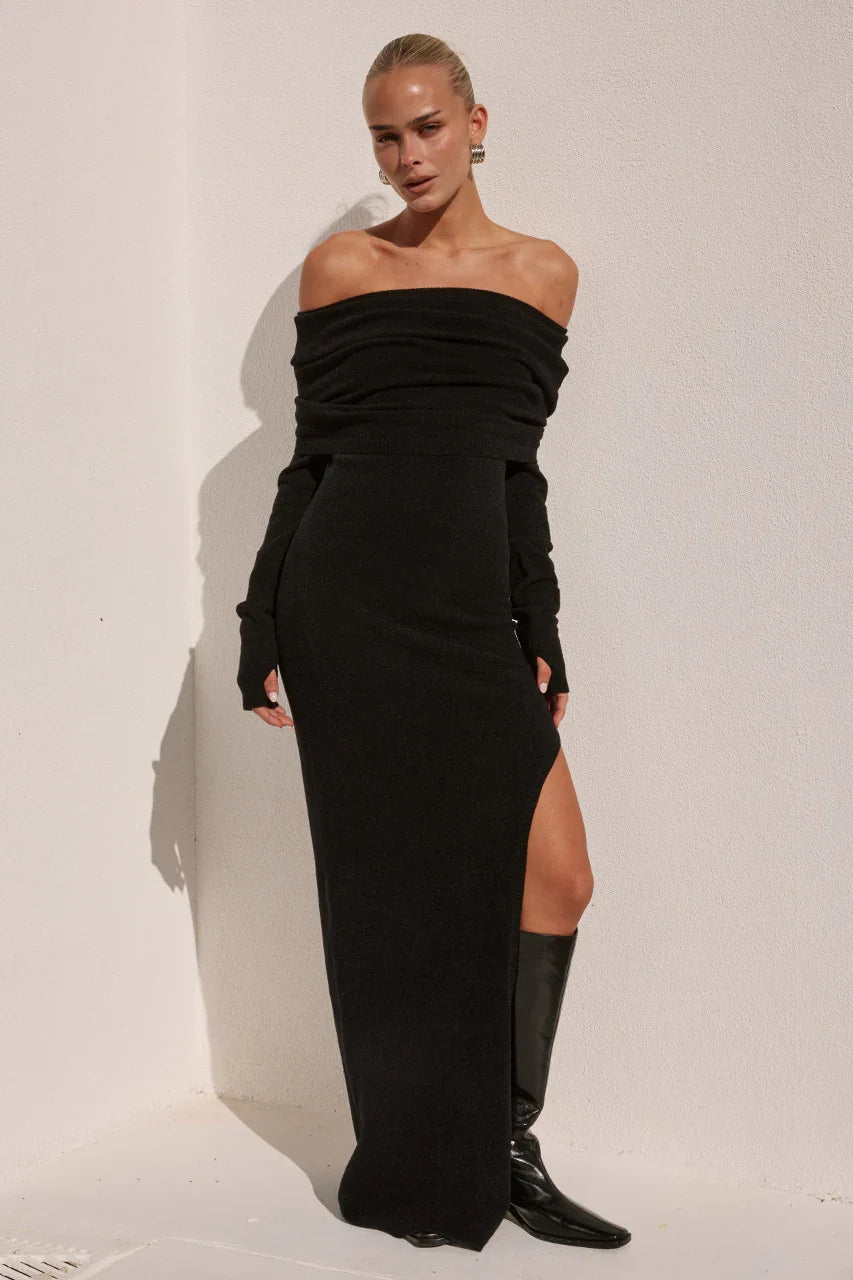 BARLY OFF SHOULDER KNIT MAXI DRESS - BLACK
