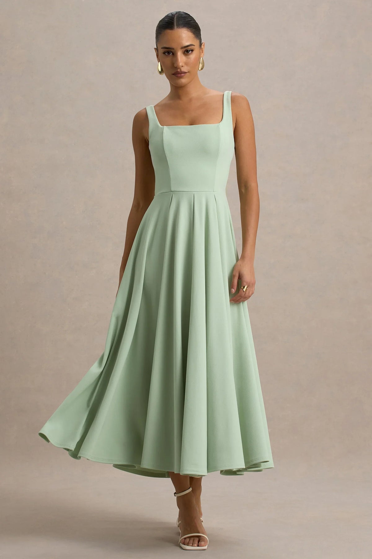 Parina | Light Green Strappy Volume-Hem Midi Dress