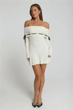 Winter Spice Off Shoulder Knit Mini Dress Cream