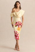 Adrina | Hot Pink & Lemon Floral Print Draped One Shoulder Midi Dress