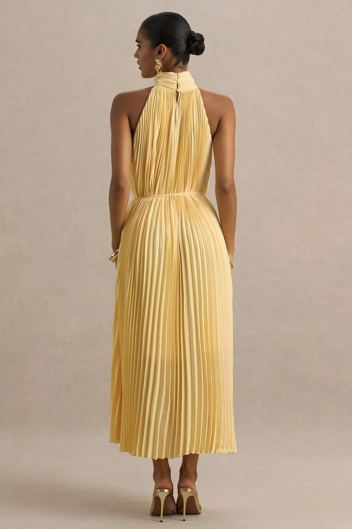 Tulip | Lemon Pleated High-Neck Midi Dress