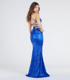 Marisol Lace-Up Column Sequin Satin Formal Dress