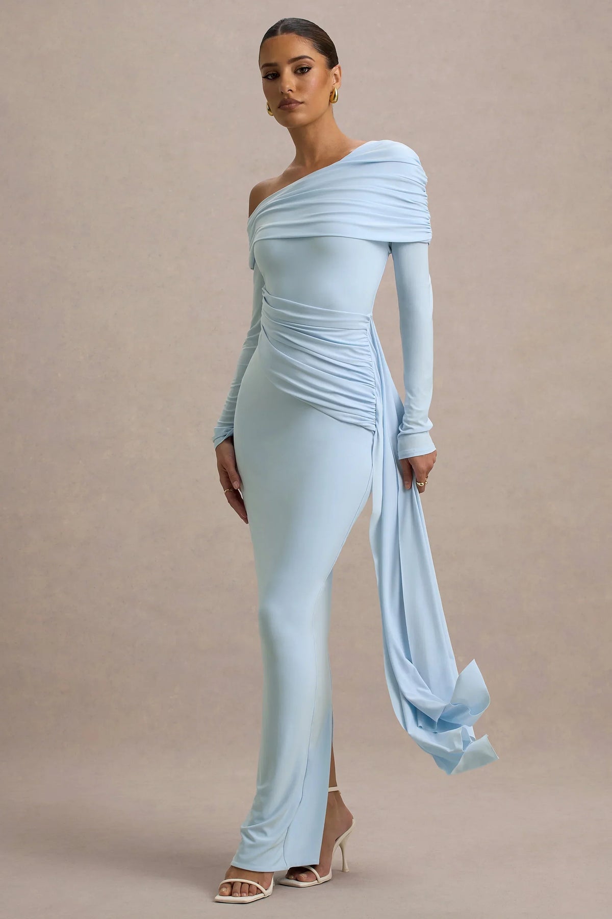 Valina | Powder Blue Ruched Asymmetric Maxi Dress With Drape
