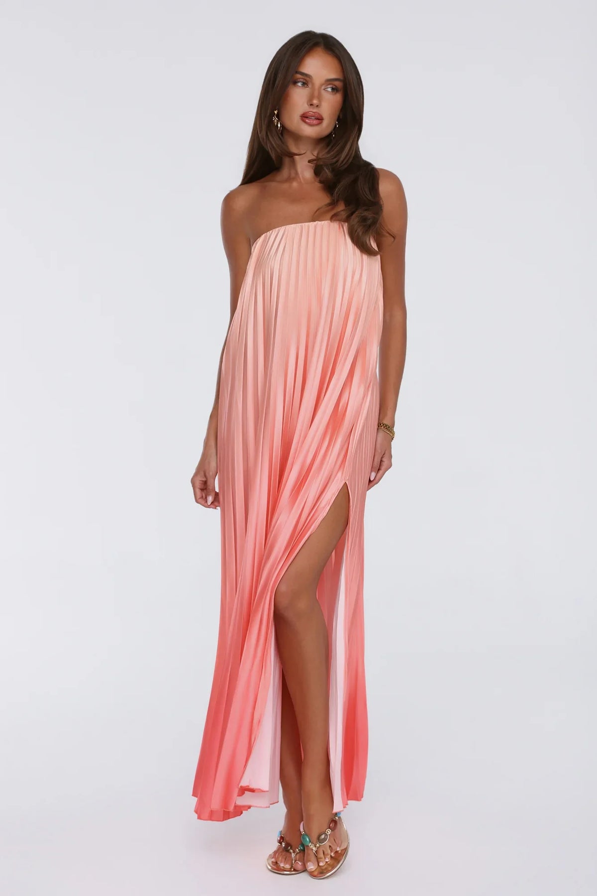 Warm Wishes Strapless Satin Pleated Maxi Dress Peach