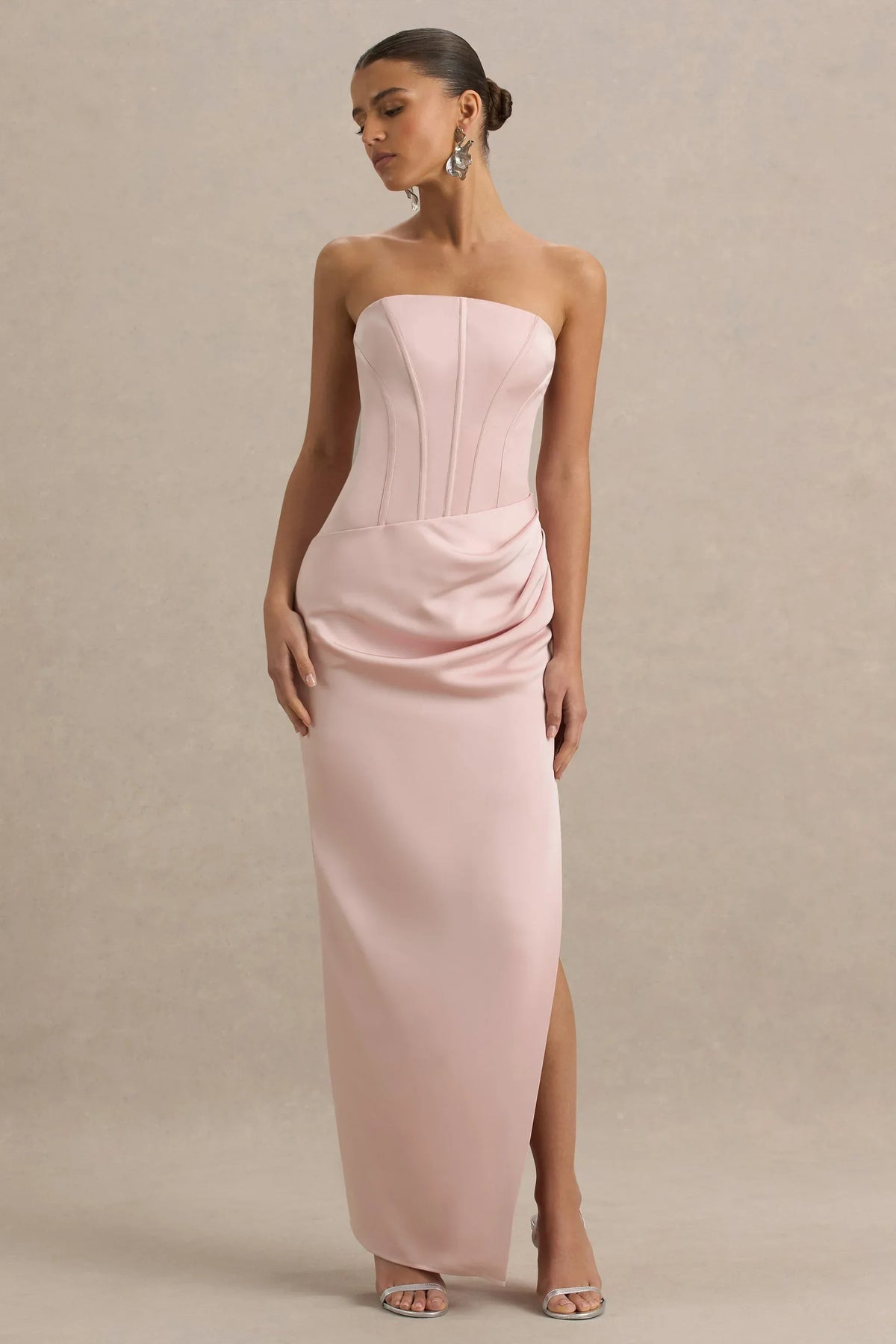 Joseline | Pale Pink Satin Corset Wrap Maxi Dress With Scarf