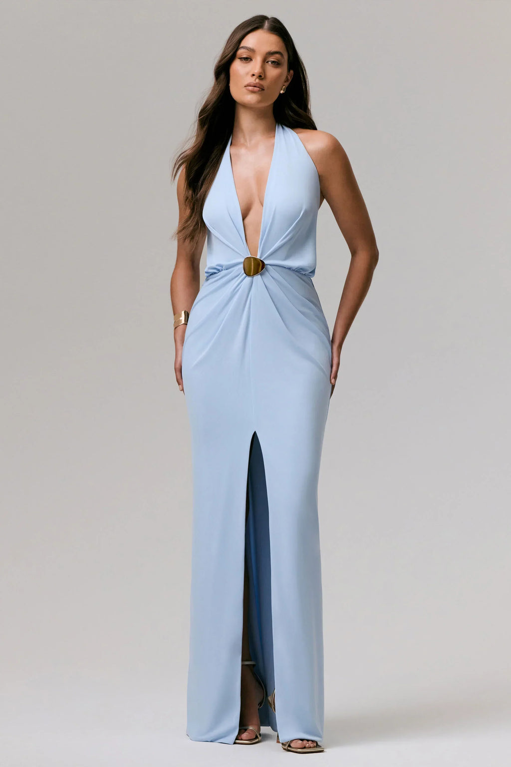 Shooting Star | Powder Blue Plunge-Neck Wrap Maxi Dress With Waist Detail