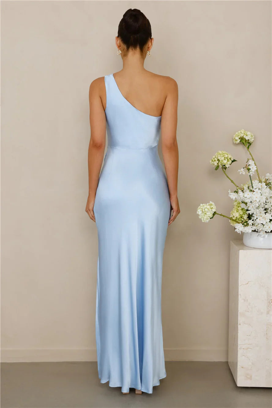The Aurora One Shoulder Satin Maxi Dress Blue
