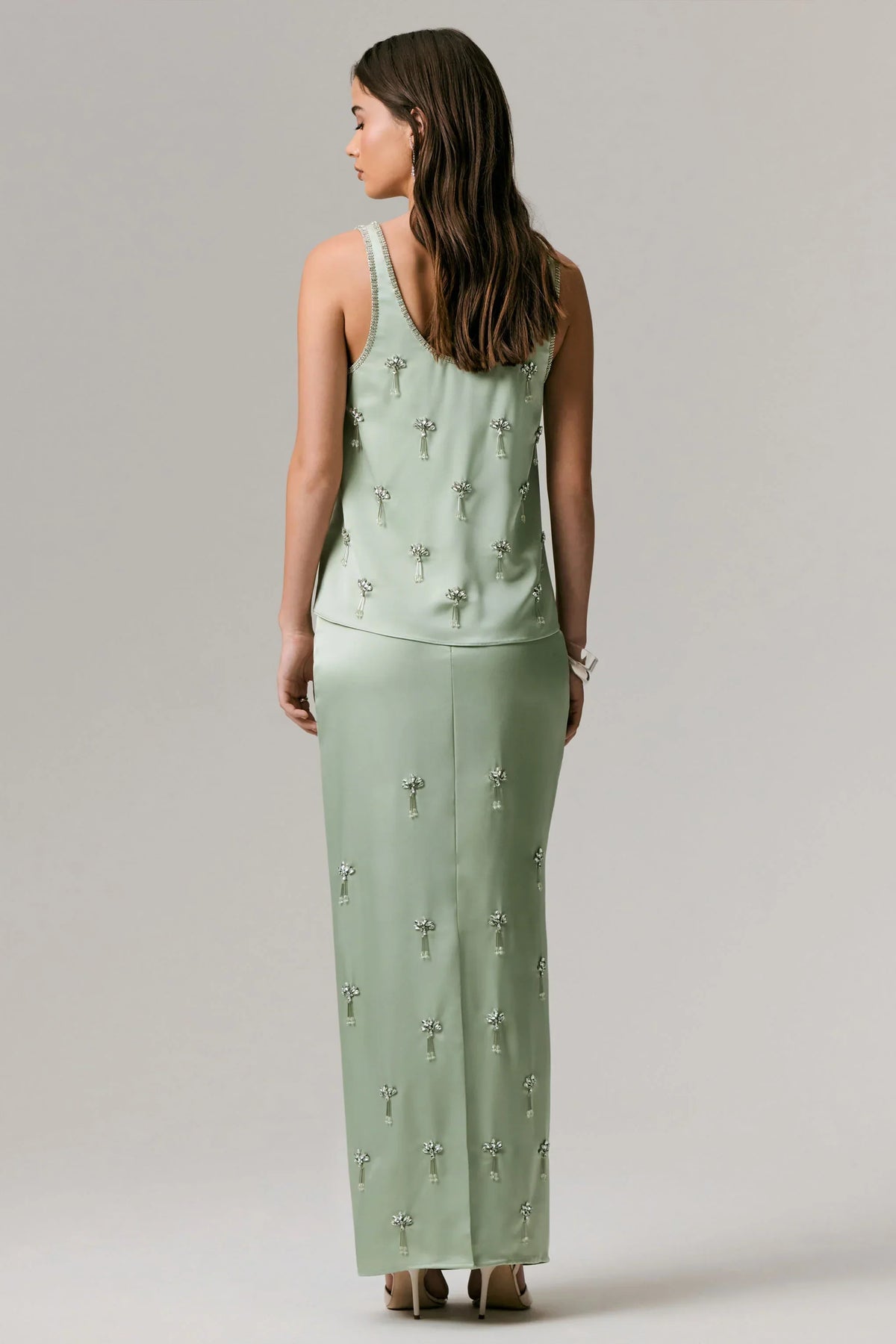 Lena | Mint Satin Embellished Maxi Skirt