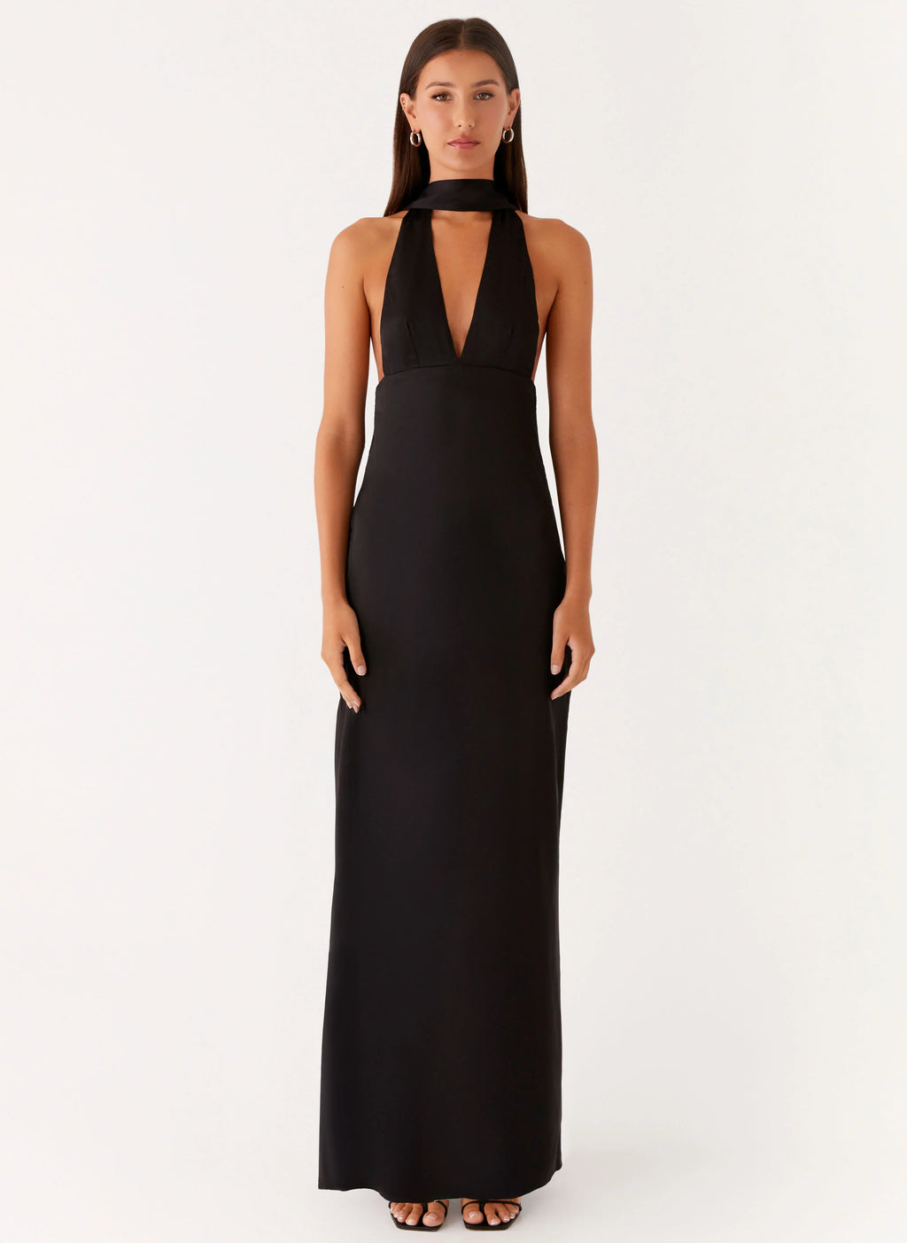 Alicia Satin Halter Maxi Dress - Black