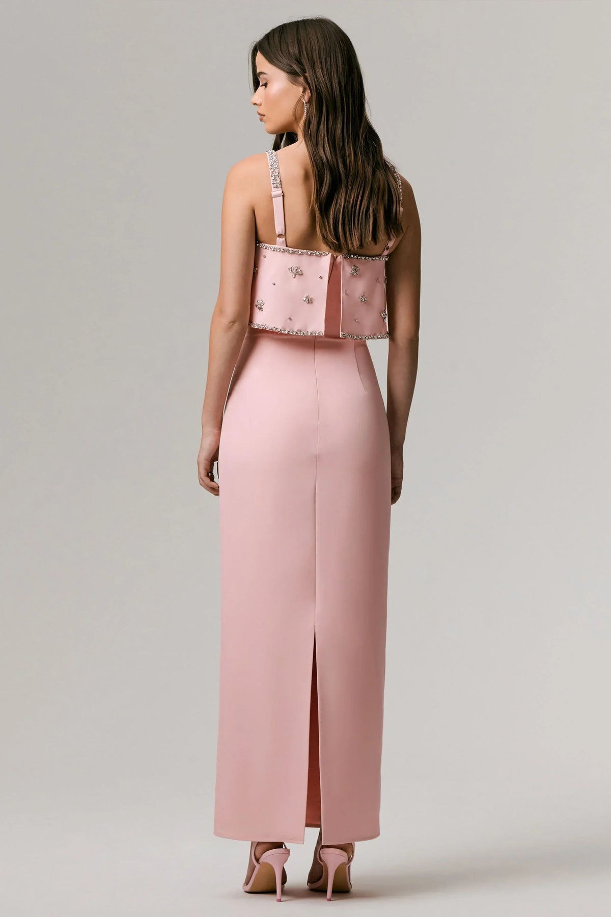 Scarlet | Pale Pink Square-Neck Embellished Maxi Dress