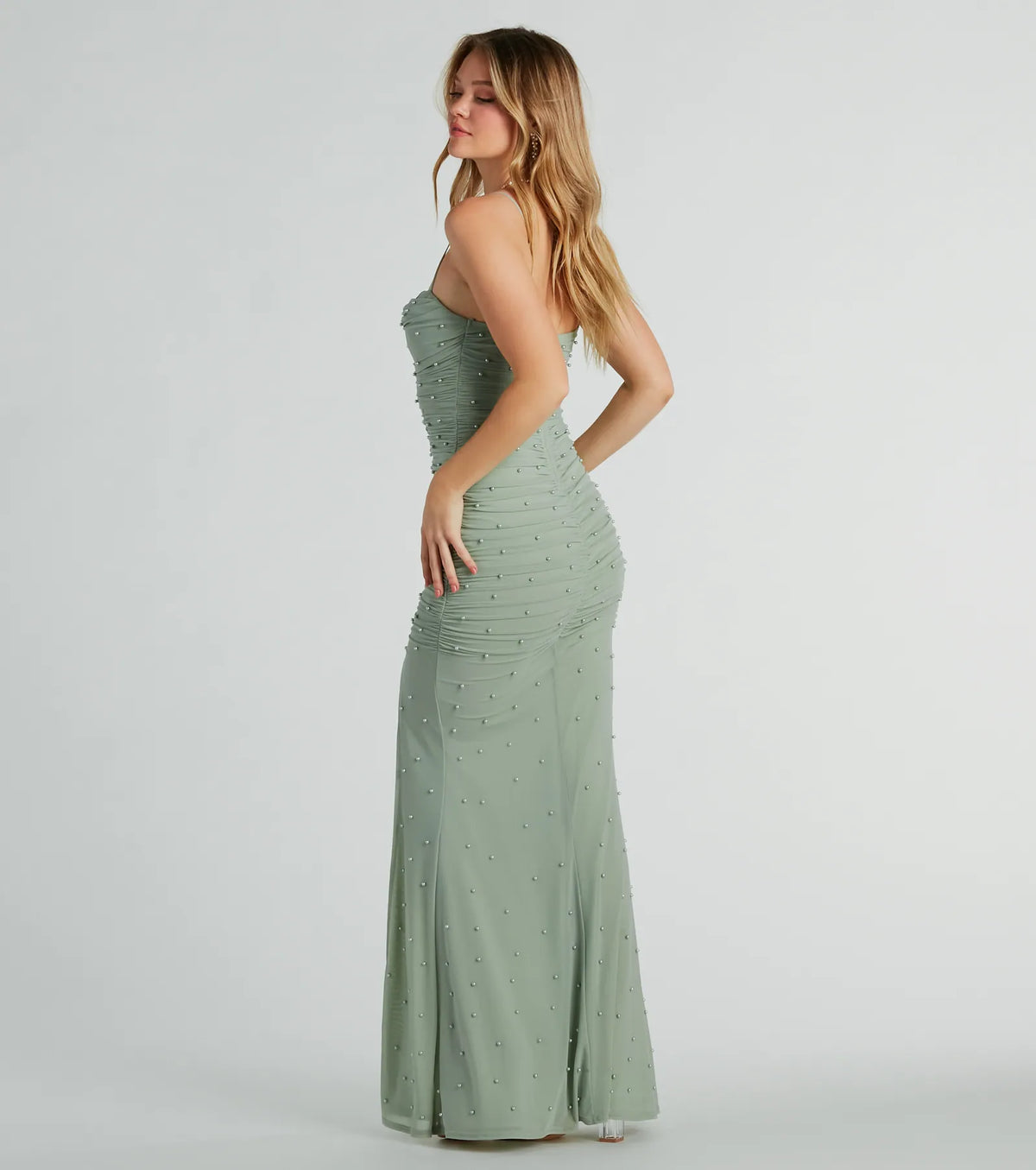 Mellie Faux Pearl Mesh Mermaid Long Formal Dress