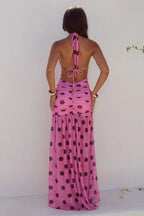 ADRIANNA PLUNGE RUCHED MAXI DRESS - MUSK/CHOC POLKA