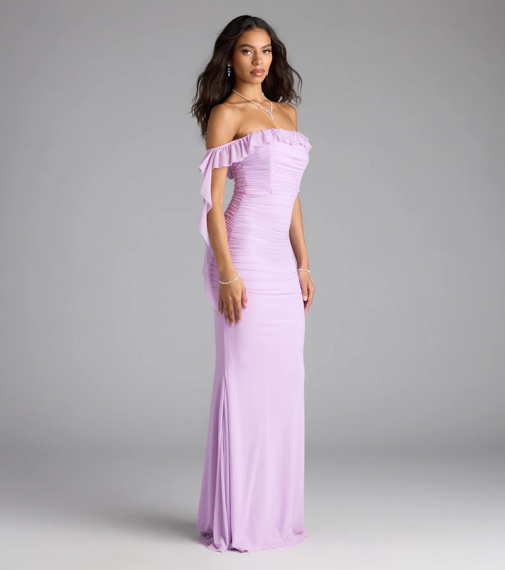 Deyna Formal Mesh Off-The-Shoulder Long Dress