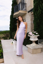 The Cleo Halter Satin Maxi Dress Lilac
