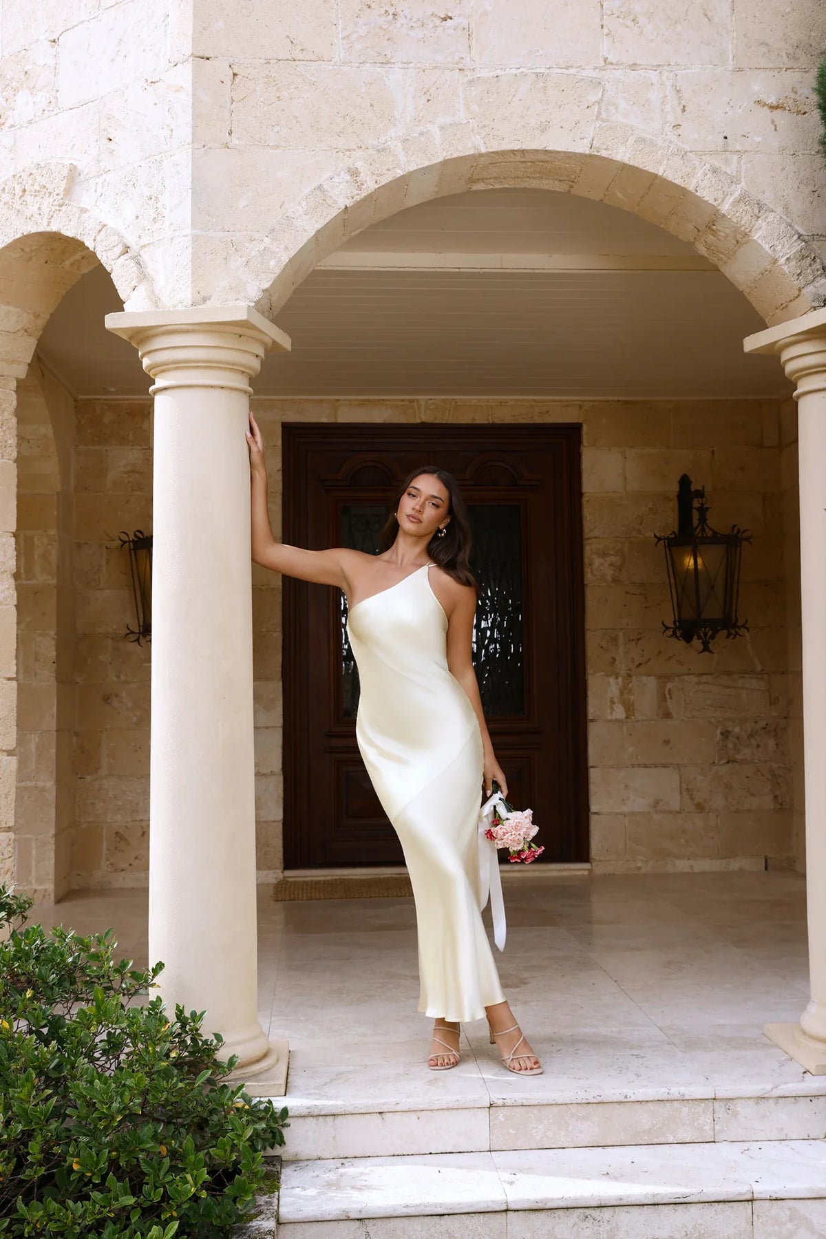 The Evangeline One Shoulder Satin Maxi Dress Yellow