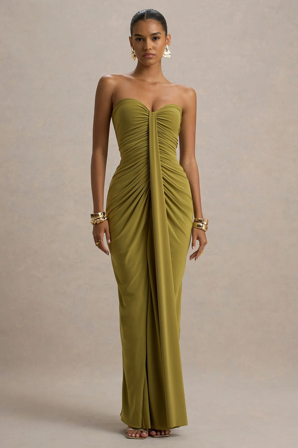 Ali | Olive Sweetheart Ruched Wrap Maxi Dress