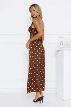 Staple Trend Polka Dot Satin Maxi Dress Brown
