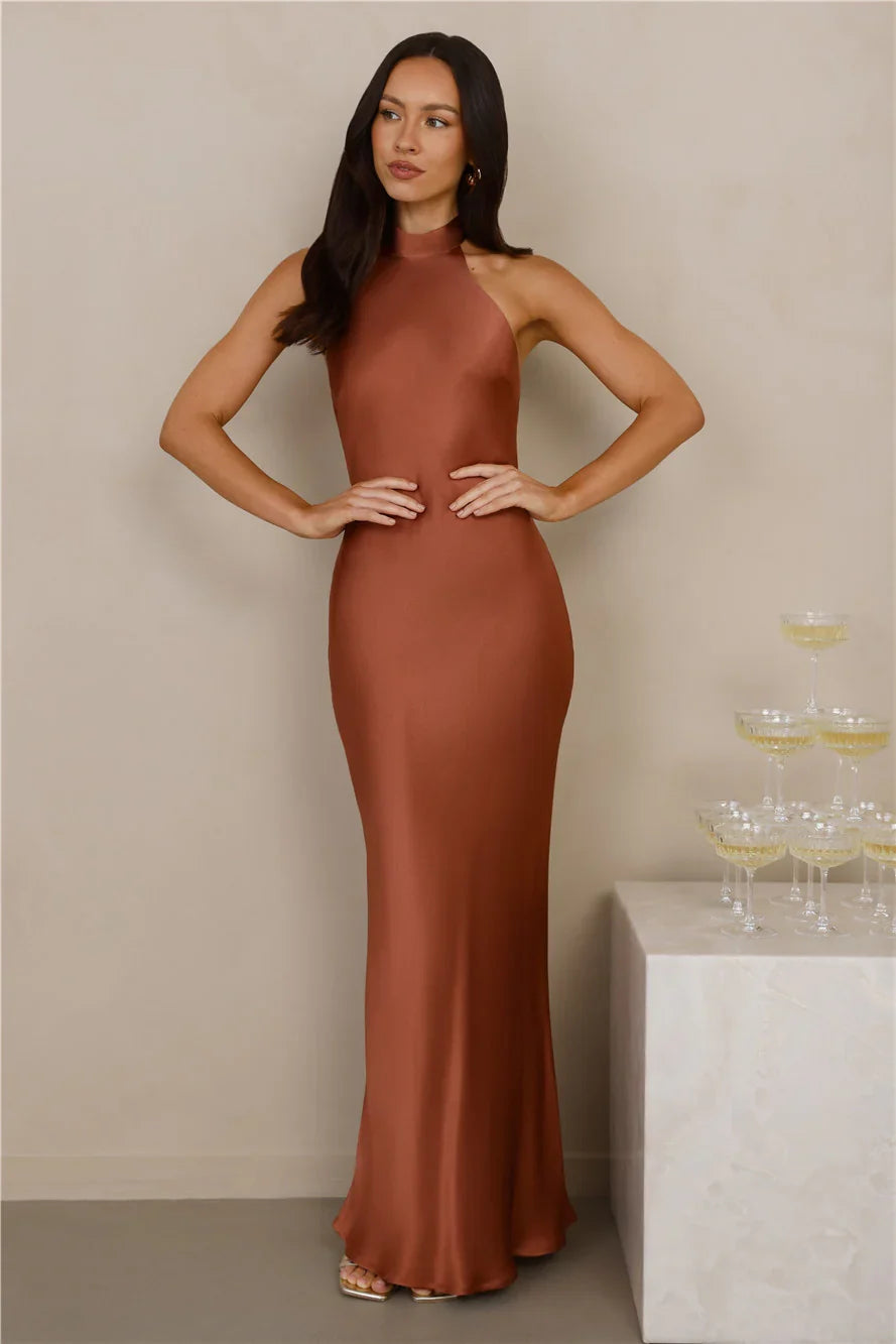 The Cleo Halter Satin Maxi Dress Copper