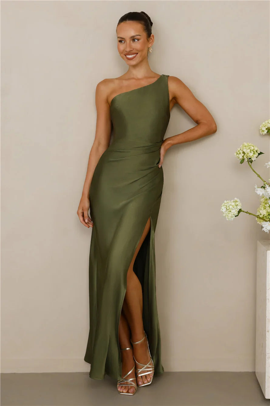 The Aurora One Shoulder Satin Maxi Dress Olive