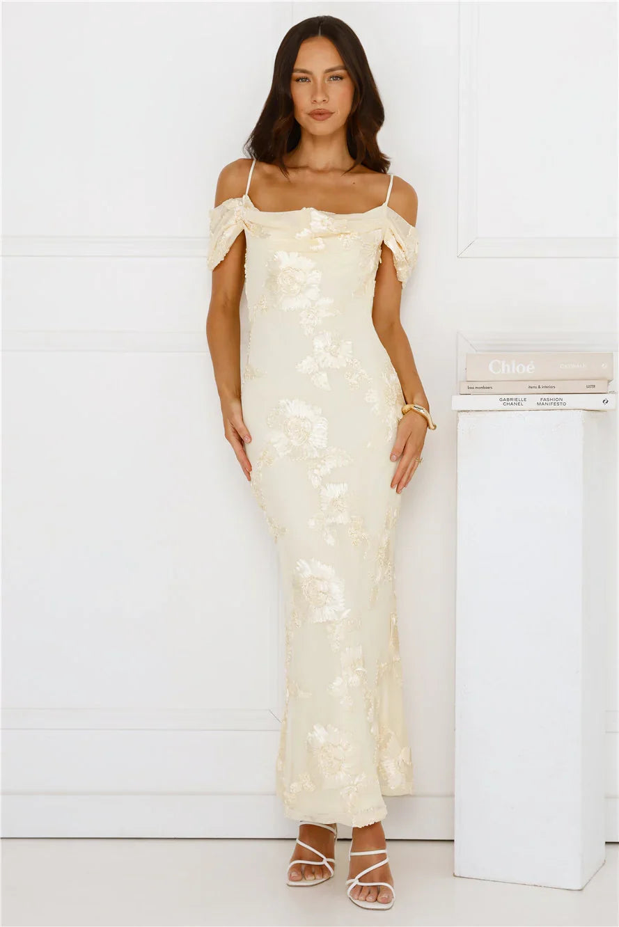 You’re Magic Off Shoulder Mesh Maxi Dress Yellow