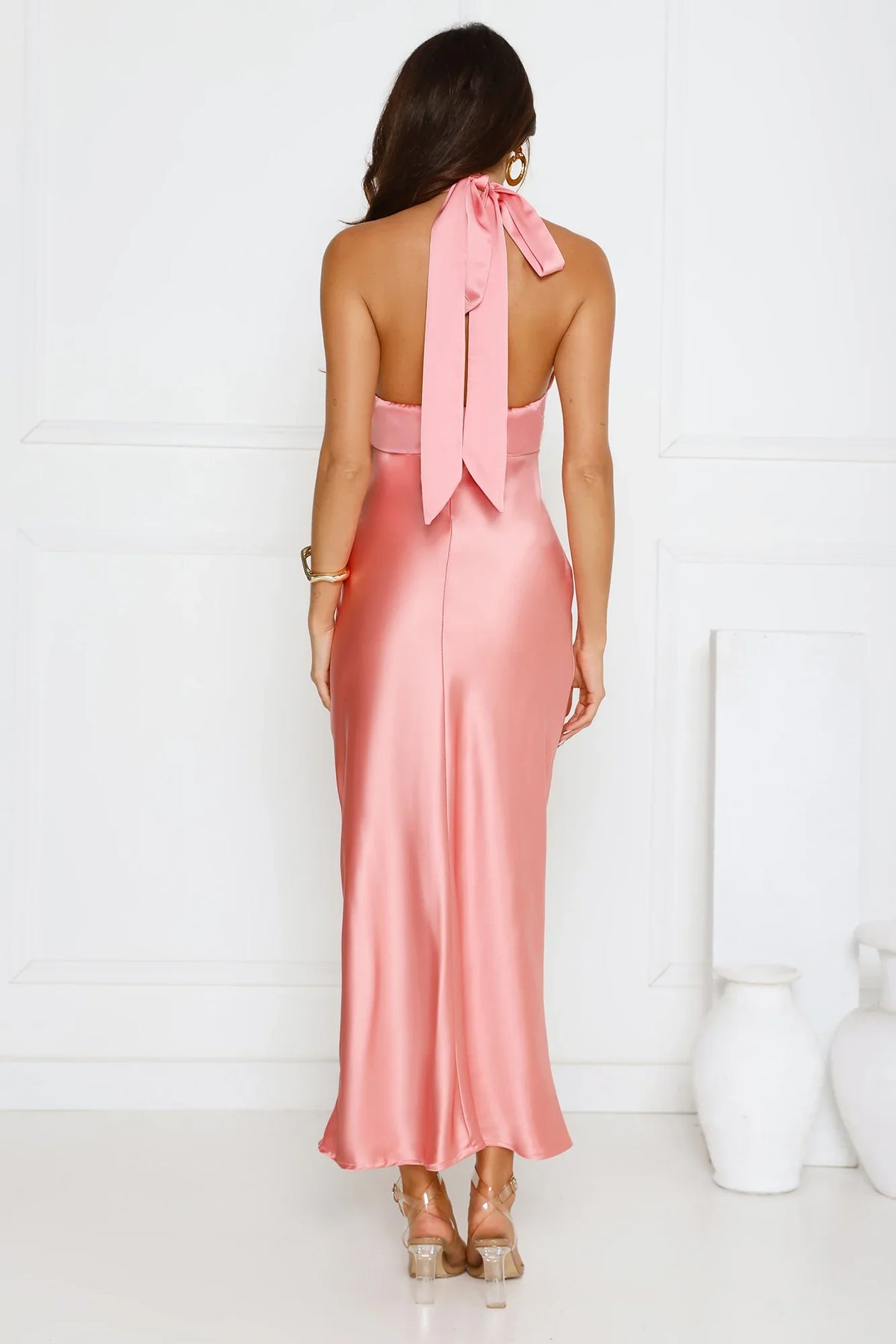 Speaks For Itself Satin Halter Maxi Dress Pink