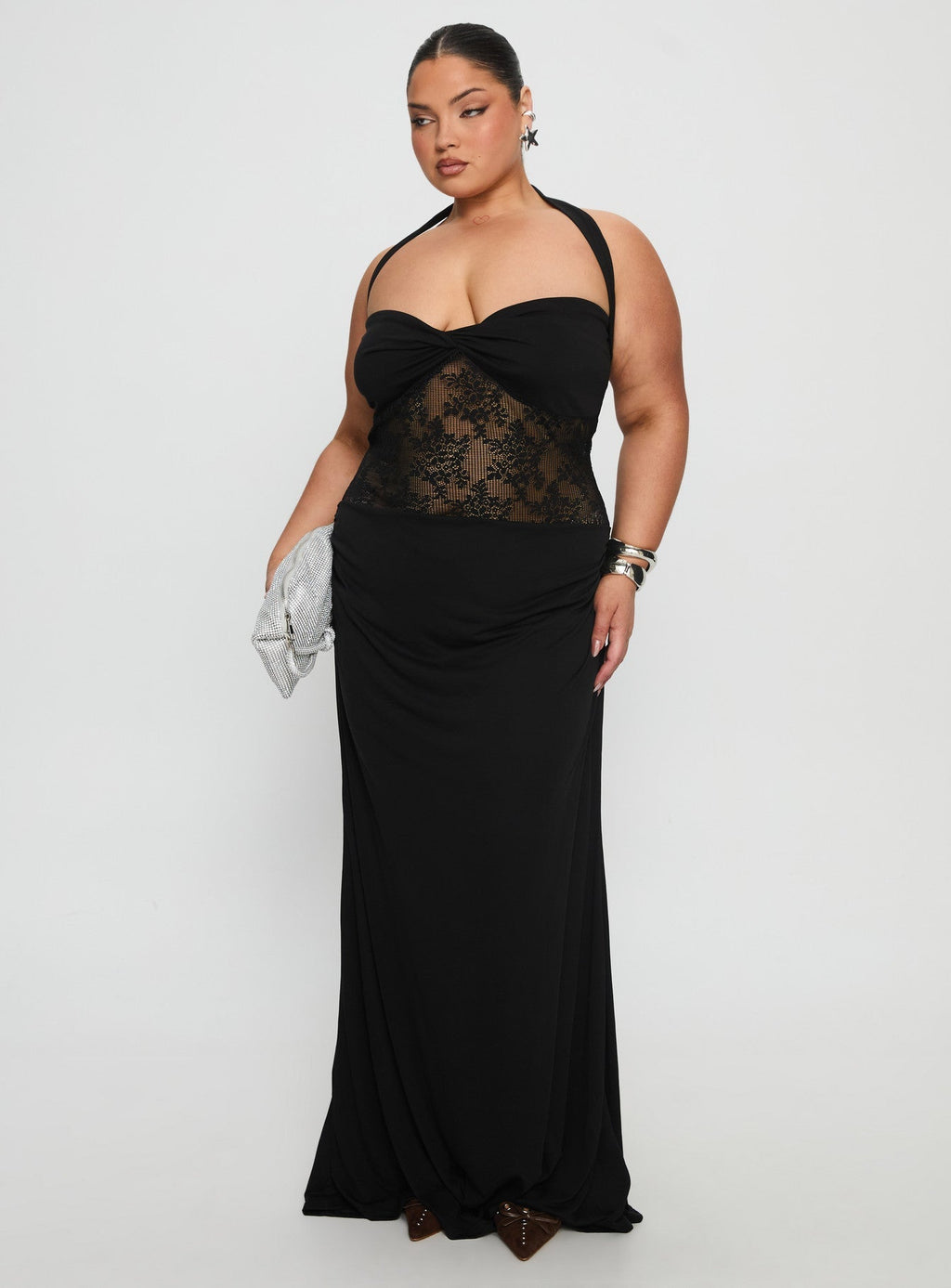Adalyne Lace Halter Maxi Dress Black Curve
