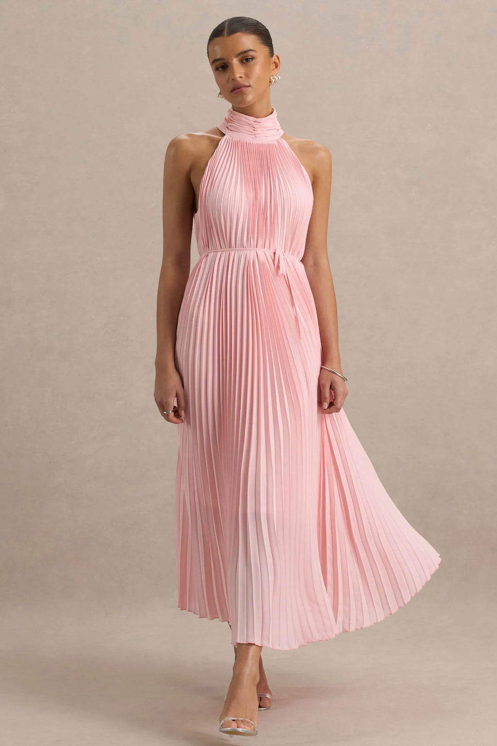 Tulip | Blush Pink Pleated High-Neck Midi Dress