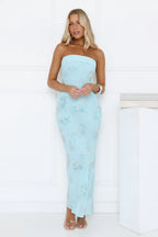 Sparkling Floral Embellished Strapless Maxi Blue