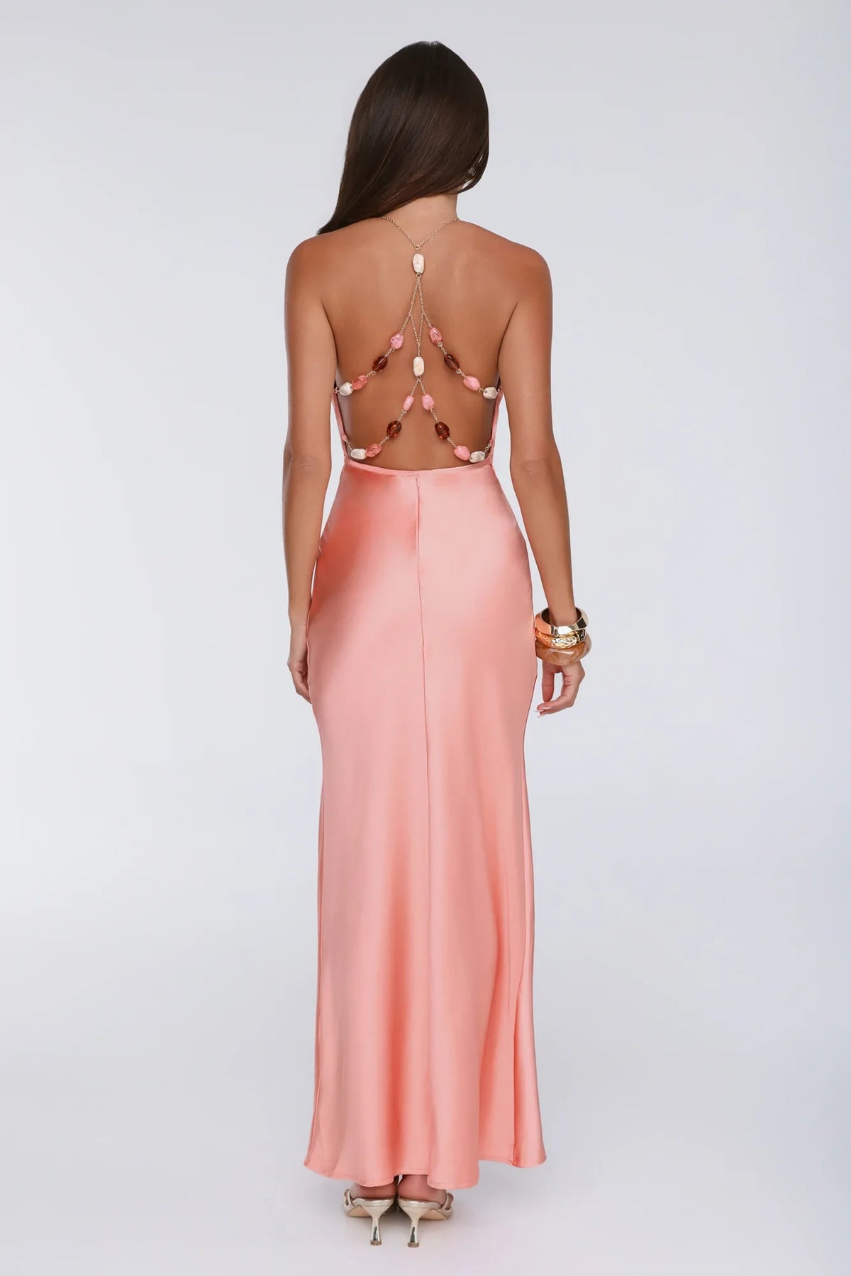 Pearl Indulgence Satin Maxi Dress Peach