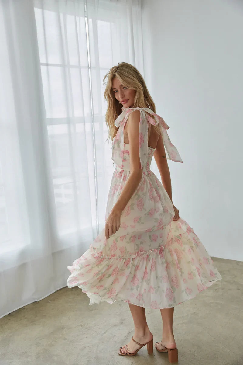 Celine Floral Tie Strap Maxi Dress