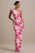 Dalarie | Pink and Orange Floral Print One-Shoulder Gathered Maxi Dress