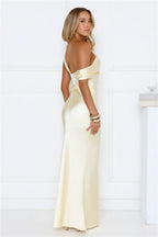 She’s A Dream Satin Off Shoulder Maxi Dress Yellow