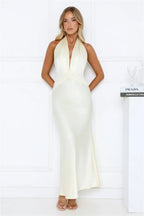 Twilight Charm Satin Halter Maxi Dress Yellow