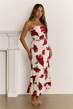 Floral Satin Strapless Folded Maxi Dress Red