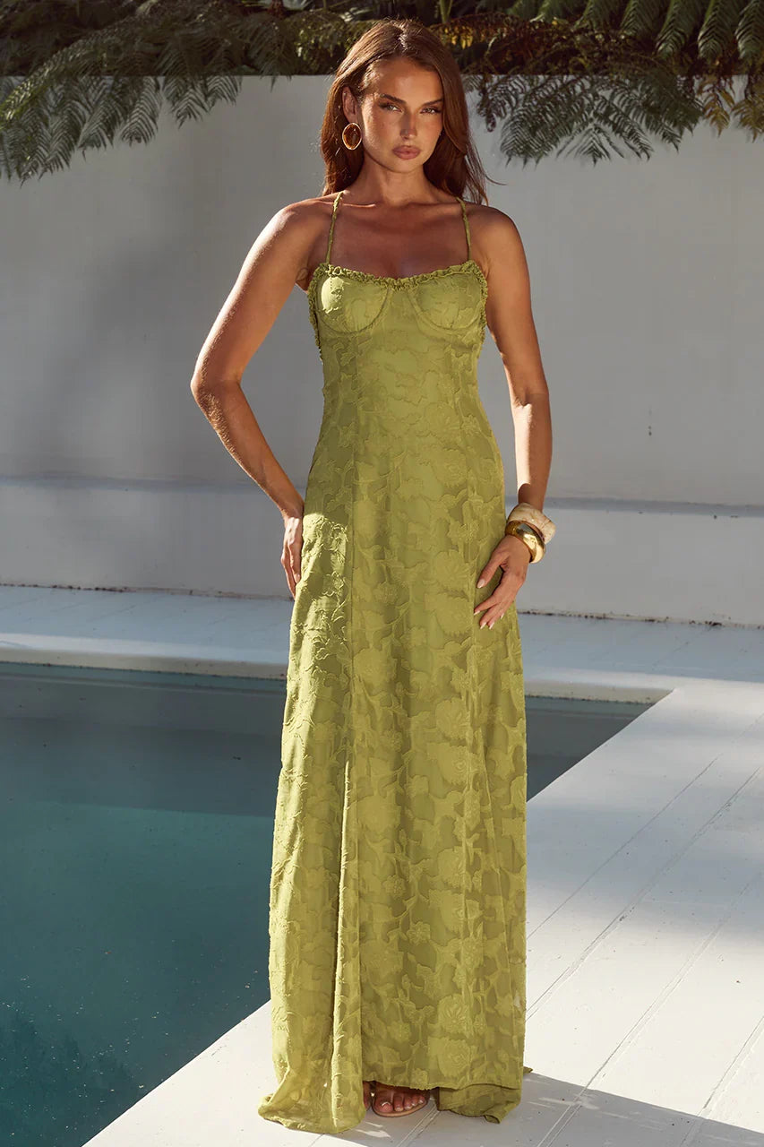 ELLERBY FRILL TRIM MAXI DRESS - OLIVE