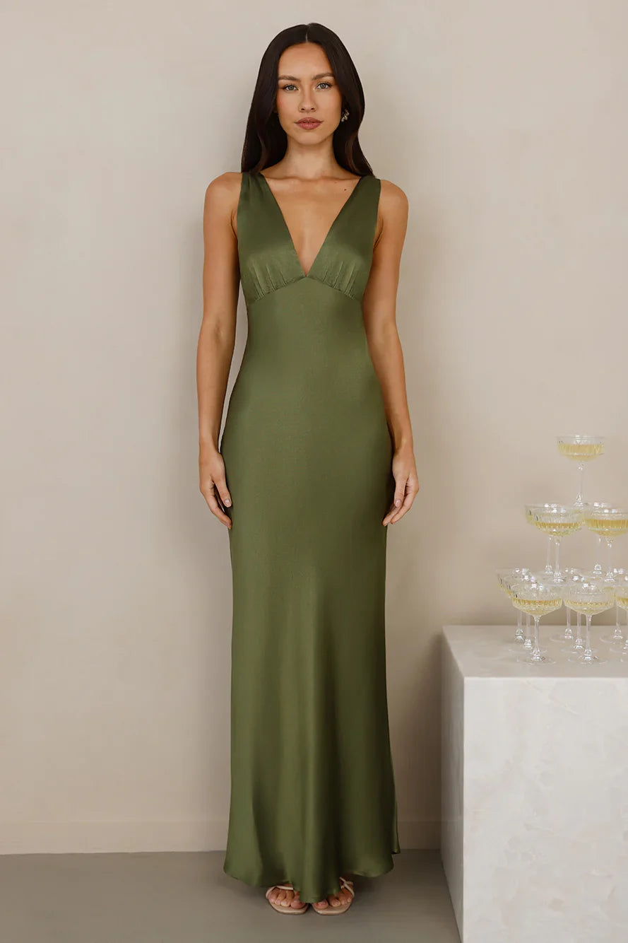 The Isabeau Satin Maxi Dress Olive