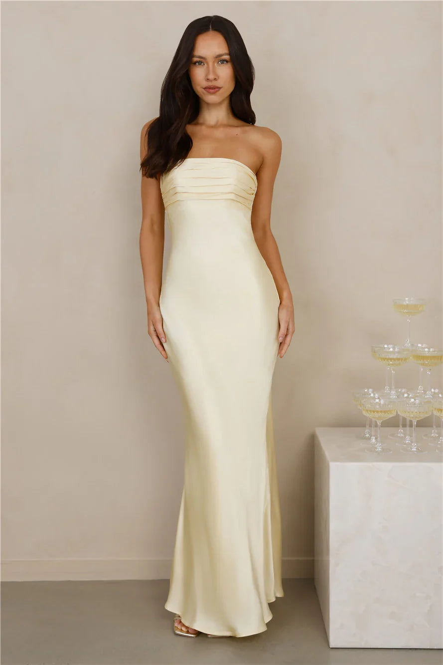 The Seraphina Strapless Satin Maxi Dress Yellow