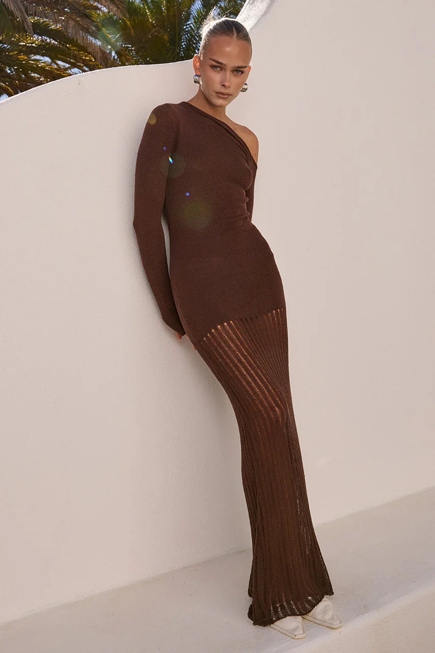 GRETA ONE SHOULDER KNIT MAXI DRESS - CHOCOLATE