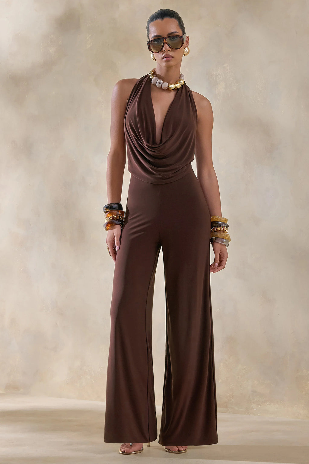 Clemence | Brown Plunge-Neck Jumpsuit