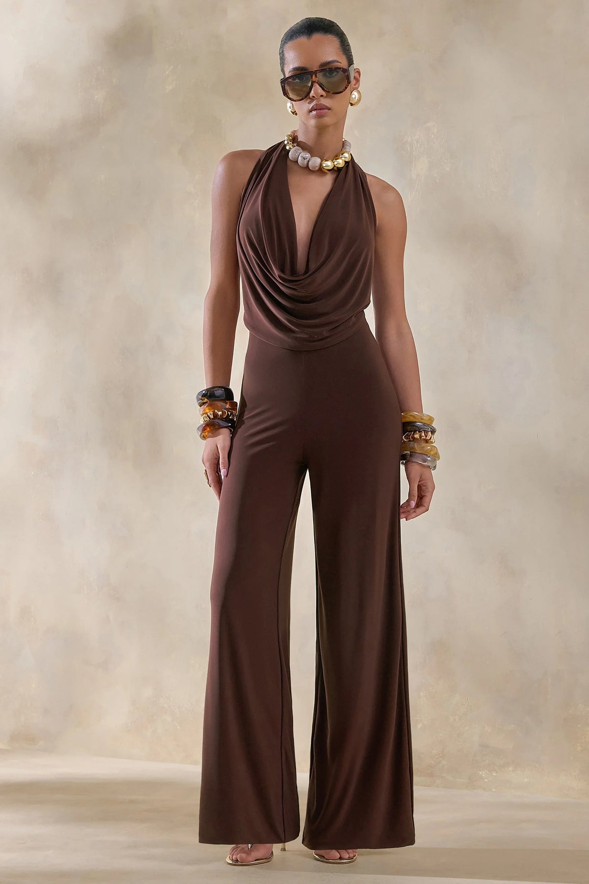 Clemence | Brown Plunge-Neck Jumpsuit