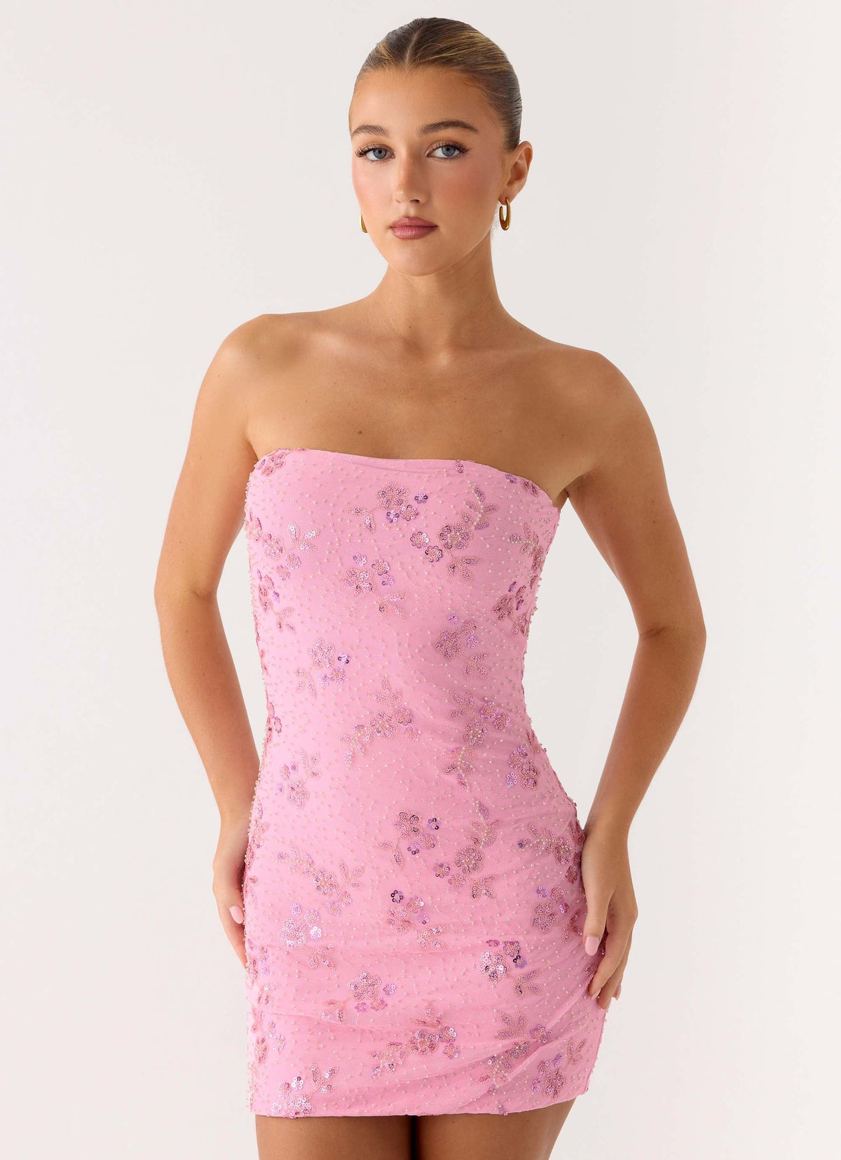 Push Back Beaded Sequin Mini Dress - Pink