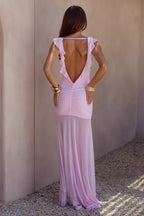 BLYTHE V-NECK FRILL MAXI DRESS - MUSK