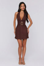 Just Enough Attitude Halter Mini Dress Brown