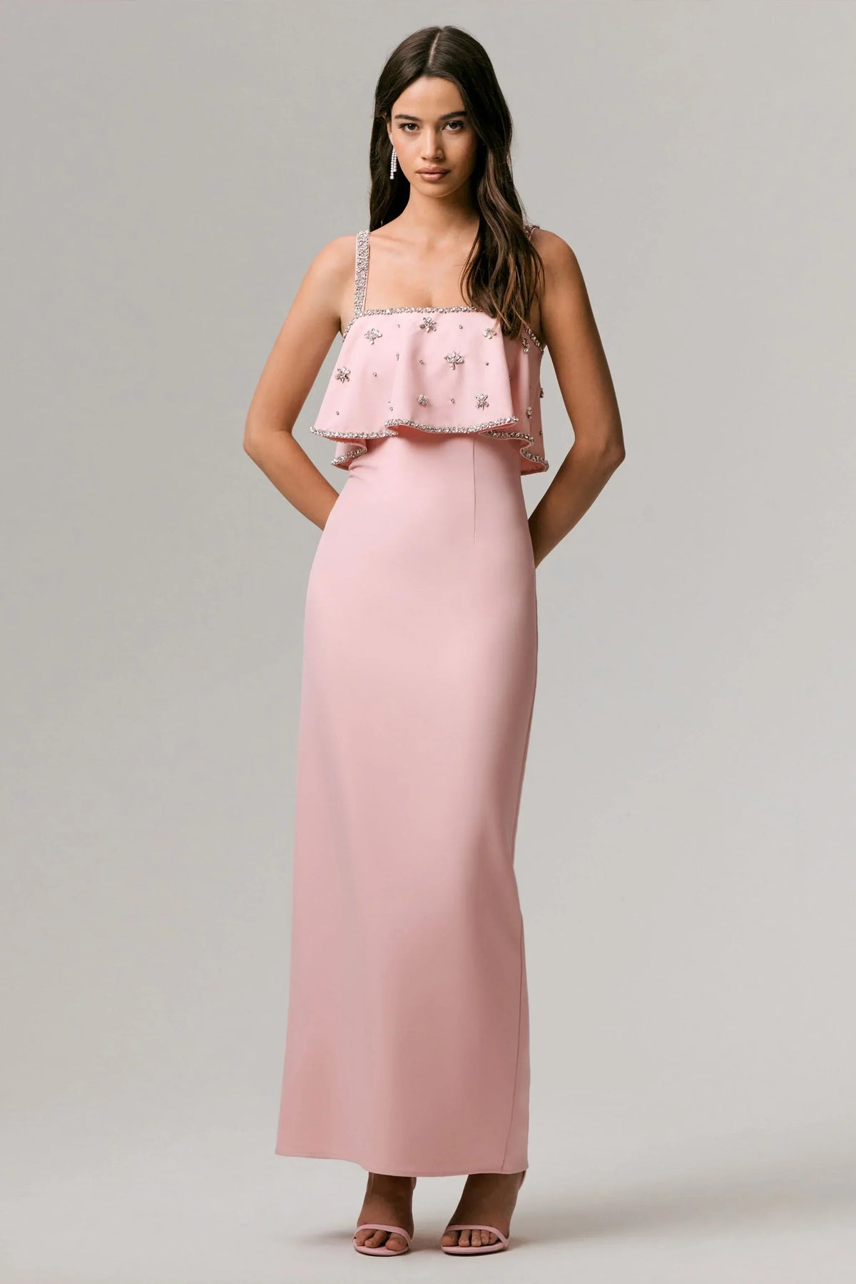 Scarlet | Pale Pink Square-Neck Embellished Maxi Dress