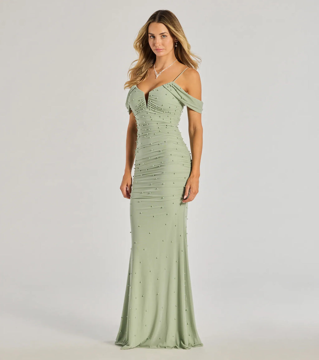 Charlene Formal Faux Pearl Mesh Mermaid Dress