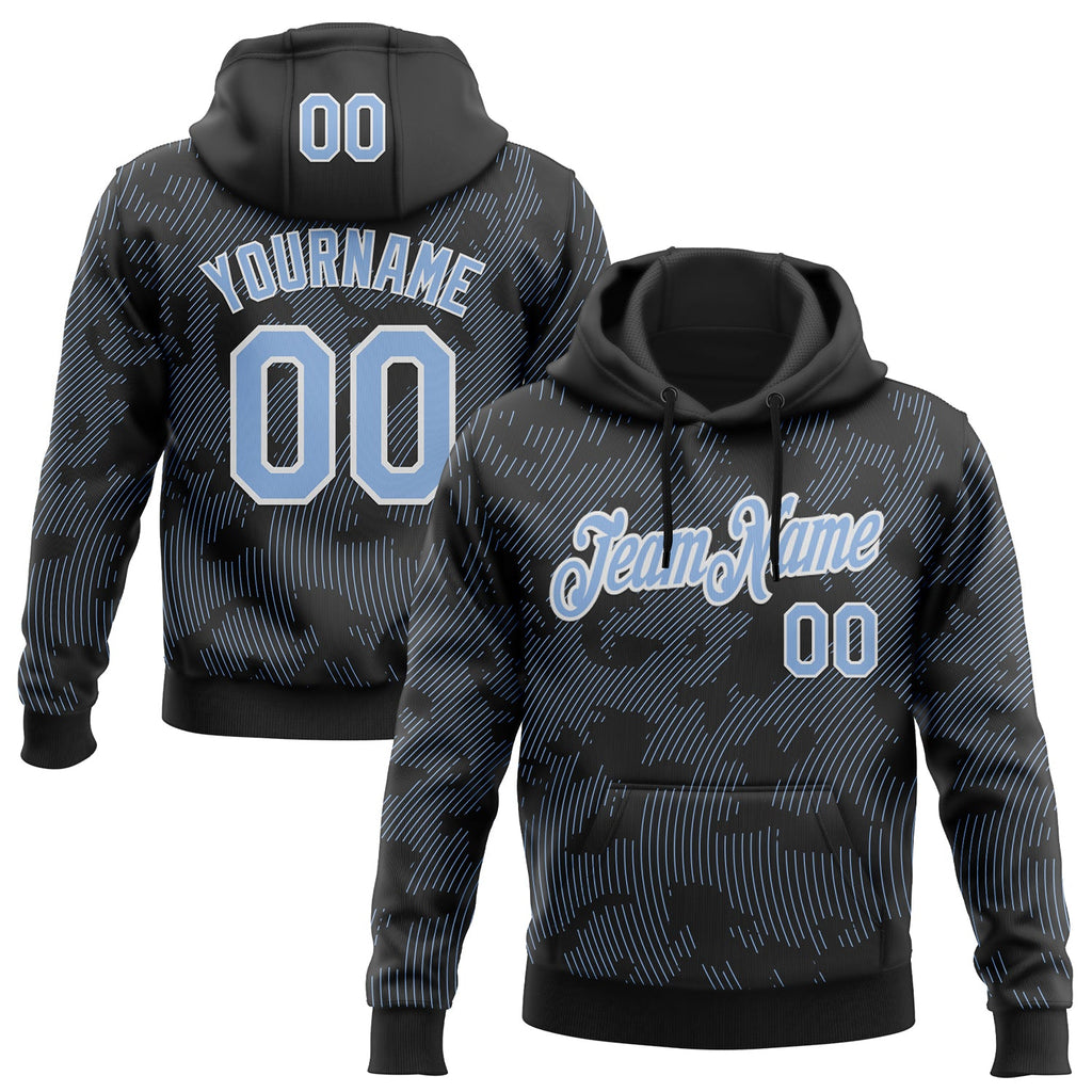 Custom Stitched Black Light Blue-White 3D Pattern Design Curve Lines Sports Pullover Sweatshirt Hoodie