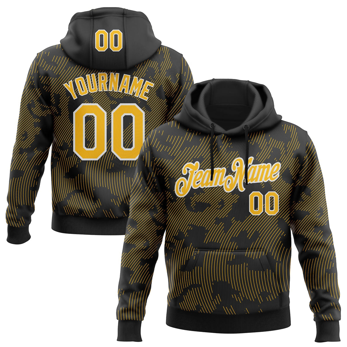 Custom Stitched Black Gold-White 3D Pattern Design Curve Lines Sports Pullover Sweatshirt Hoodie