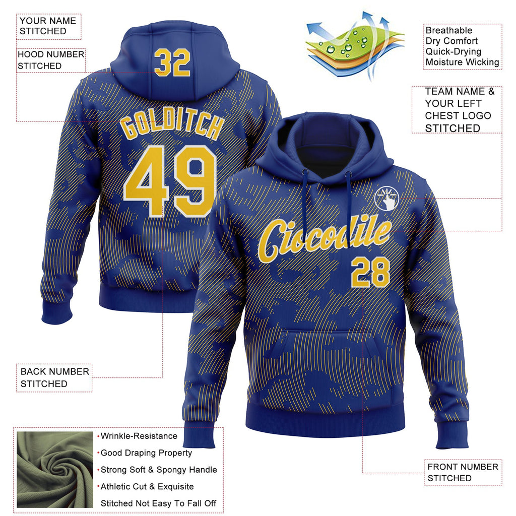 Custom Stitched Royal Yellow-White 3D Pattern Design Curve Lines Sports Pullover Sweatshirt Hoodie