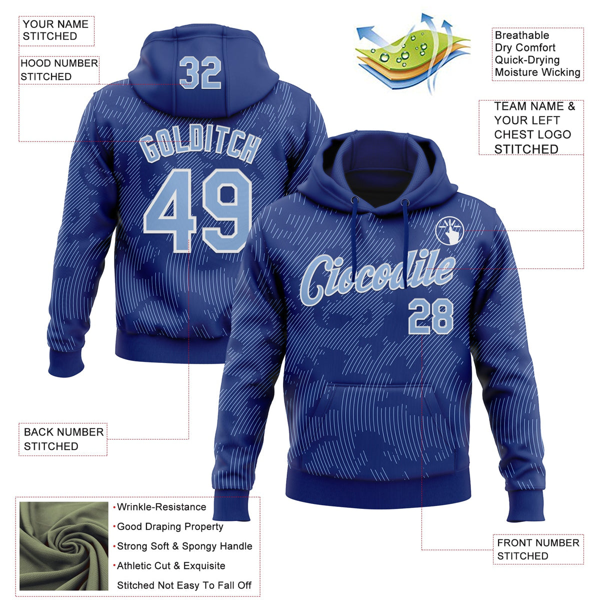 Custom Stitched Royal Light Blue-White 3D Pattern Design Curve Lines Sports Pullover Sweatshirt Hoodie