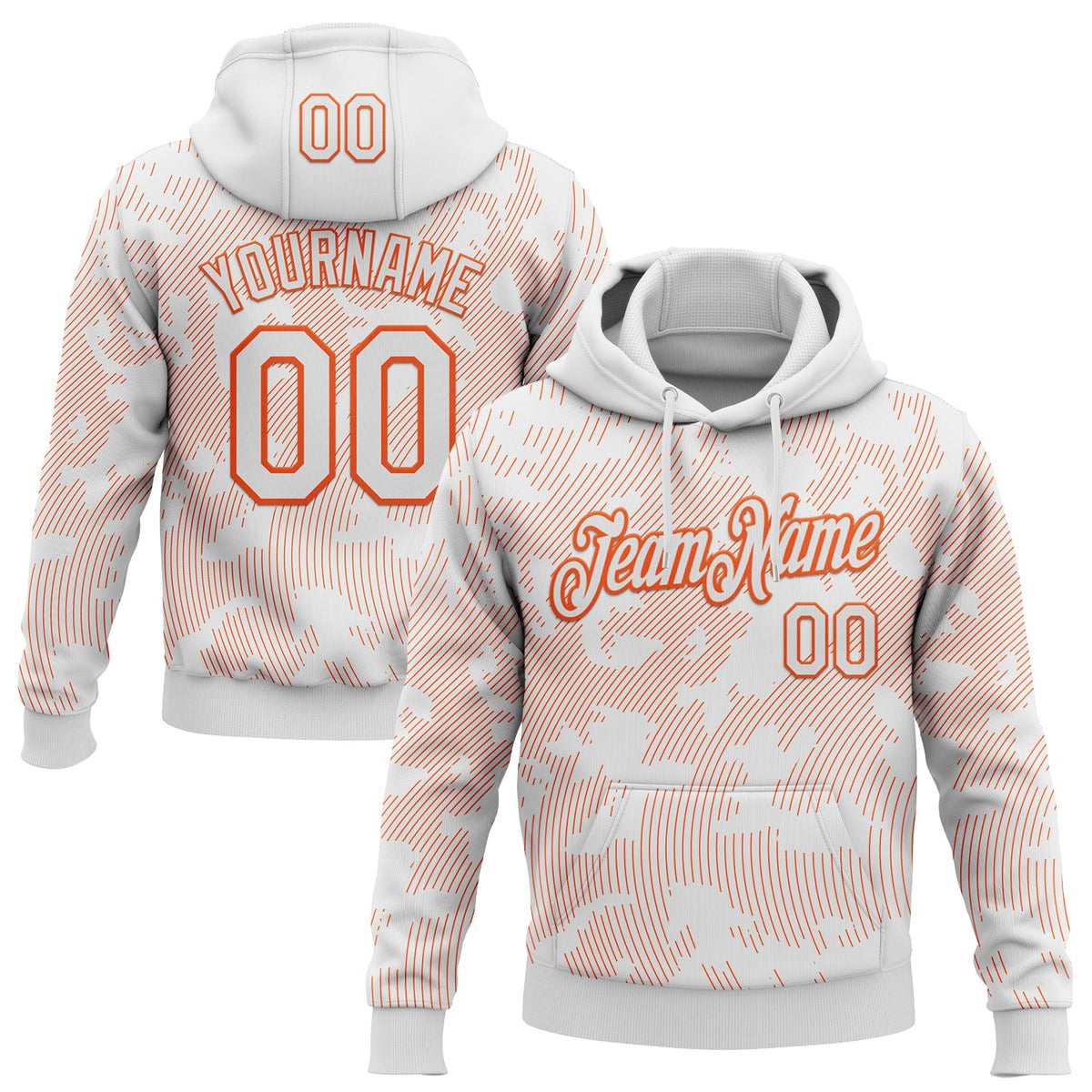 Custom Stitched White Orange 3D Pattern Design Curve Lines Sports Pullover Sweatshirt Hoodie